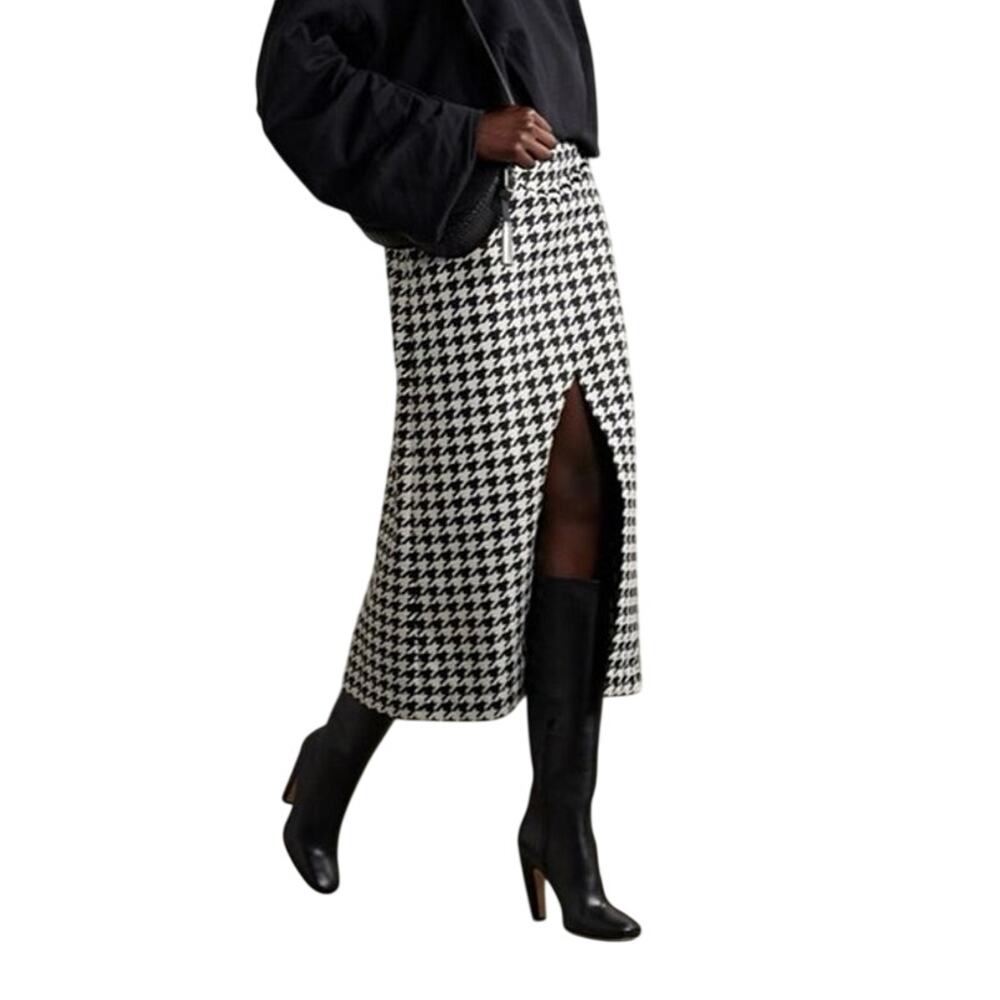 Burberry Ivory Black Houndstooth Twill Midi Pencil Skirt Double Slit - US 2 UK 4